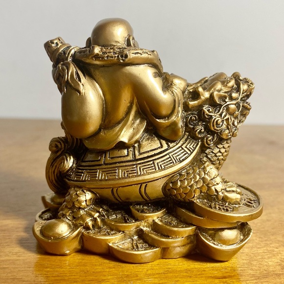 Laughing Buddha Sitting on Dragon Tortoise Resin Statue - Picture 6 of 11